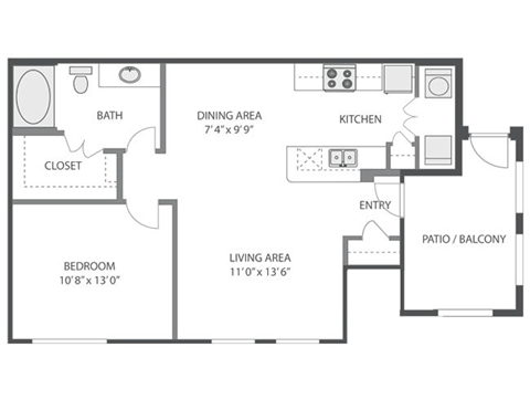 Floor plan for 1 bed, 1 bath, 743 sqft